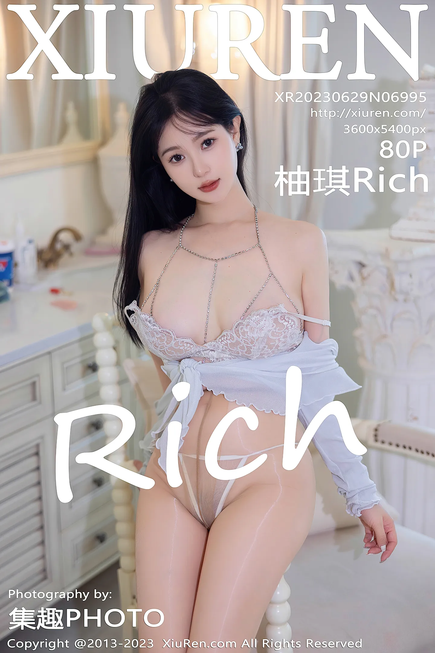 [XiuRen秀人网] VOL.6995 模特柚琪Rich性格白色蕾丝内衣配超薄肉丝秀曼妙身姿诱惑写真80P-秀人网官方网站